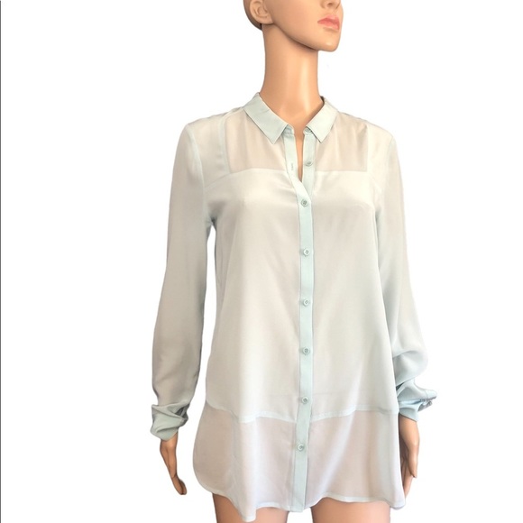 Trouve pale green long sleeve silk button down sheer top size small - Picture 1 of 11